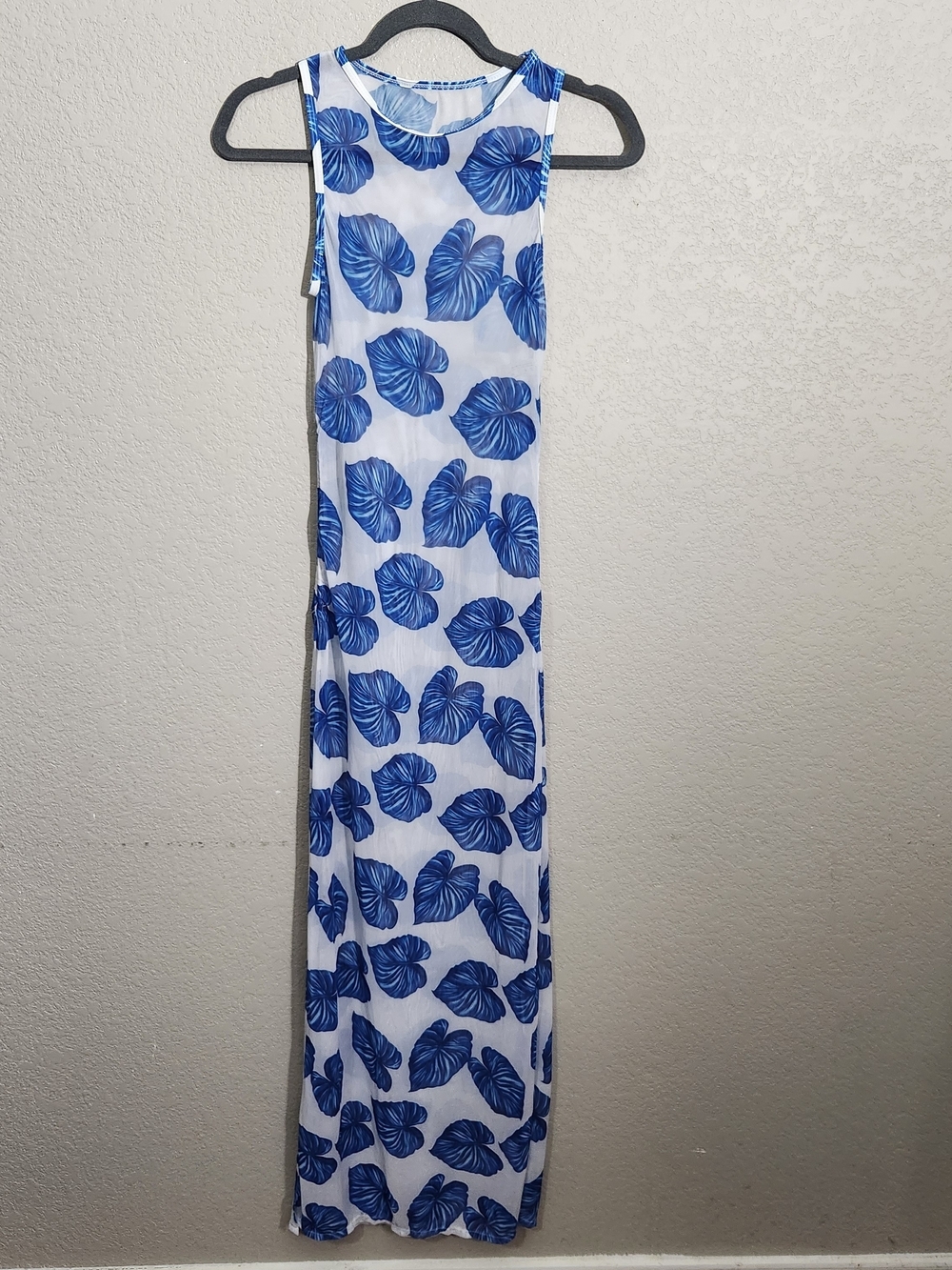 Women's Blue Leaf Print Swim Coverup Maxi Dress